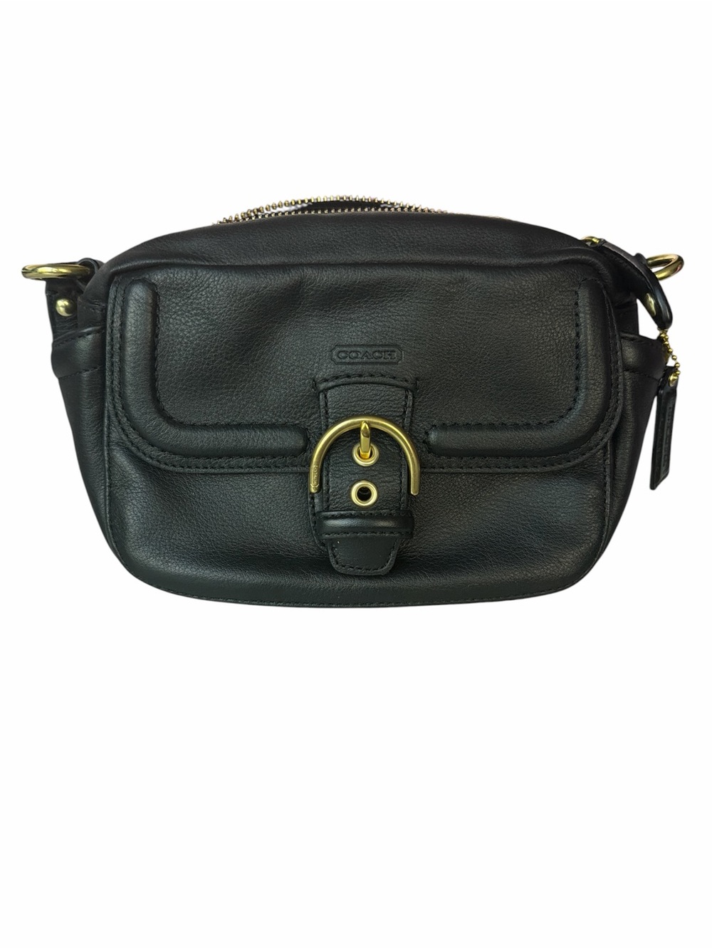 Coach Black Leather Crossbody with Gold Buckle Detail